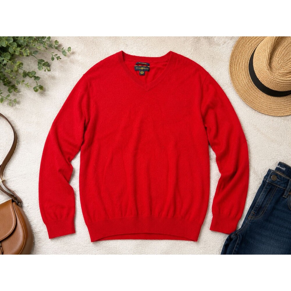 Club Room 2-Ply 100% Cashmere V-Neck Sweater Size M Red Long Sleeve